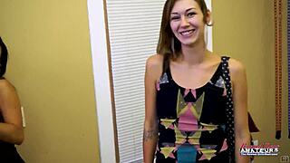 Meredith and Sophia, busty tiny coeds, share pussy eating and deepthroat.