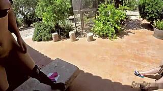 check out this fat ass milf stripping outdoors shaking her huge wet pussy with dildo squirting everywhere lingerie torn