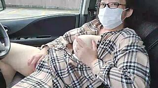 Chubby Married Japanese Milf Masturbates Big Tits with Toys in Car