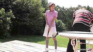 skinny japanese teen sucking older guy's cock publicly at golf lesson?