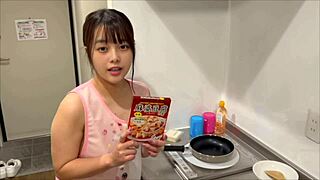 Kitchen creampie in her naked apron can't hold back!
