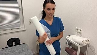 nurse masseuse teases patient with oiled handjob then rides for cumshot