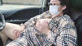 Chubby Married Japanese Milf Masturbates Big Tits with Toys in Car