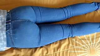 i caress her big ass in jeans she masturbates cum on tits