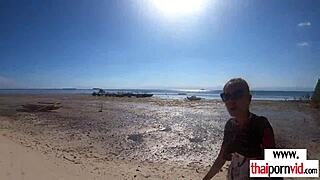 yo, this petite thai teen's tight pussy gets wrecked by big white cock right on the beach