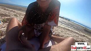 yo, this petite thai teen's tight pussy gets wrecked by big white cock right on the beach