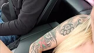 Skinny German blonde bends over car for doggystyle creampie