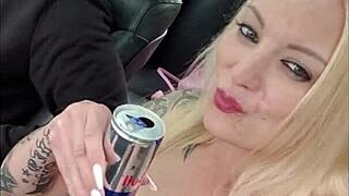 Skinny German blonde bends over car for doggystyle creampie