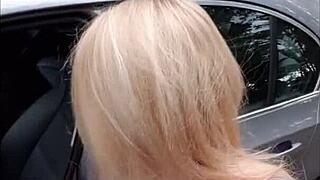 Skinny German blonde bends over car for doggystyle creampie