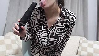 WOW! My Big Ass Latina Milf Girlfriend Teases Camel Toe in Blue Leggings Then Strips for Big Tits and Vibrator Masturbation