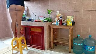 Chubby stepmom cleans kitchen then gets juicy curves pounded
