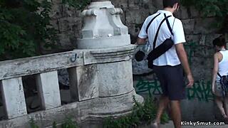 hey, check out this gagged busty slut tied up tight and banged hard outdoors in public domination frenzy