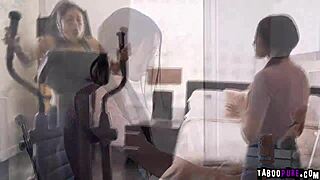 Aiden Ashley and Maya Woulfe kiss and lick in steamy kitchen play