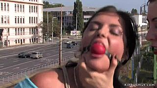 hey, check out this gagged busty slut tied up tight and banged hard outdoors in public domination frenzy