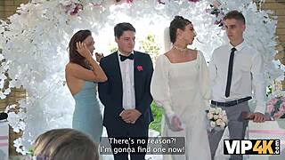 Vip4k. Horny bride in wedding dress begs for anal creampie outdoors as guests watch