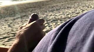 Big Tits Milf Sneaks Behind for Outdoor Public Handjob on Monster Cock Close-Up Creampie
