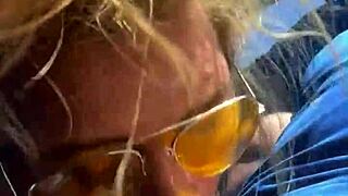 Blonde cheater sneaks public daytime cock suck messy facial risk