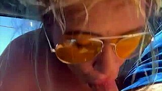 Blonde cheater sneaks public daytime cock suck messy facial risk