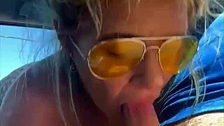 Blonde cheater sneaks public daytime cock suck messy facial risk