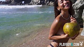 damn that tiny mexican teen carolina reyes looks so hot posing and stripping on the beach