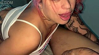 Redhead prostitute gags deepthroat choking huge cock cum facial swallow