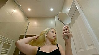 Petite Brazilian Blonde Coed Preps Lingerie in Bathroom for Surprise Porn Casting