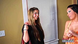 madelyn the coed blonde and sofia the sexy brunette lick pussies and tits eagerly