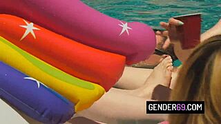 four horny shemales devour cocks then bareback anal orgy by the pool