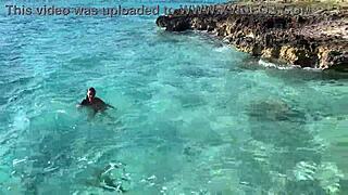 Monika Fox stops tour bus bares big tits swims naked beach