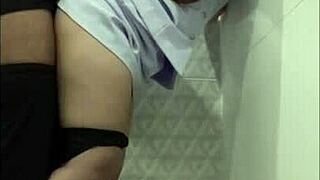 Naughty Thai nurse sneaks patient friend into hospital bathroom for rough quickie ending in mouth cumshot