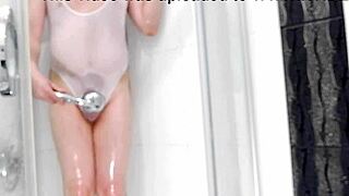 Cute Boy Jerks in See-Through Swimsuit Anal Toy Shower Fun