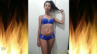 whoops beautiful latina wife flashes her ass in blue lingerie homemade trailer... damn!