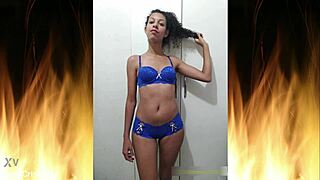 whoops beautiful latina wife flashes her ass in blue lingerie homemade trailer... damn!