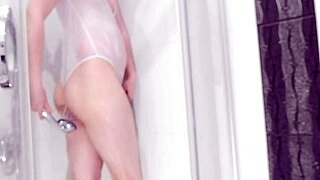 Cute Boy Jerks in See-Through Swimsuit Anal Toy Shower Fun