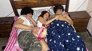 Girlfriend's friend sneaks anal fuck beside sleeping boyfriend