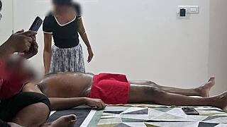 yo, flashing my hard cock right at that hot massage girl while she works