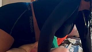homemade ebony babe in hood bends over sucks fucks white cock doggystyle bedroom