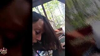 mature beauty candi annie drops to knees in forest for pov blowjob then swallows cum after wild fuck
