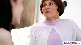 stepdaughter grinds her wet pussy on busty stepmom's strapon in hd lesbian play