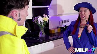 Redhead Firegirl Trades Kitchen Reno for Milf's Big Tits and Doggystyle Pounding