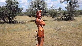 shy mature cosplay dancer in outdoor costume tease