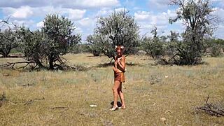 shy mature cosplay dancer in outdoor costume tease
