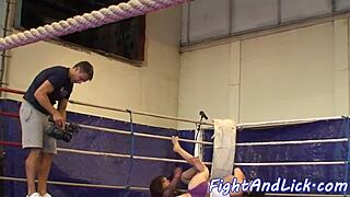 Skinny Lesbians Grapple and Dominate in Intense Boxing Ring Wrestle