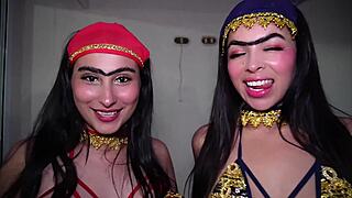 arab twin sisters take turns assfucking that lucky guy's thick cock outdoors in public pov