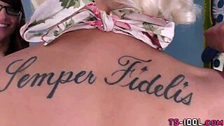glamorous shemale in lingerie sucks cock deep then licks hot cum off her small tits