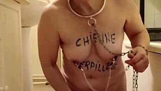 FRENCH HOUSEWIFE SLAVE SPANKS HER TITS SOLO PISSES IN BONDAGE HUMILIATION