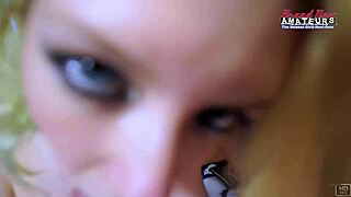 Chelsie R's tiny 18+ blonde frame with huge tits gulps down massive cumshot swallow