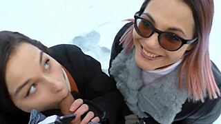 Two amateur teen babes share teacher's cock deepthroat blowjob cumshot in snowy outdoor 3some