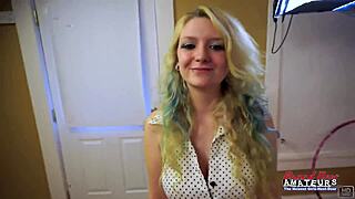 Chelsie R's tiny 18+ blonde frame with huge tits gulps down massive cumshot swallow