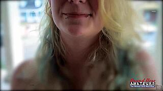 Chelsie R's tiny 18+ blonde frame with huge tits gulps down massive cumshot swallow